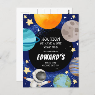 Boy's Cute Outer Space 1st Birthday Invitation Postcard