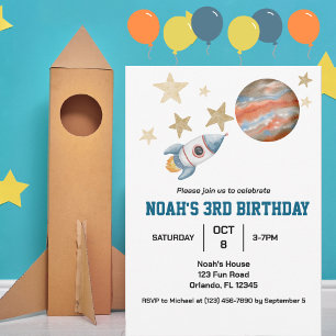 Boys Cute Outer Space Kids Birthday Watercolor Invitation