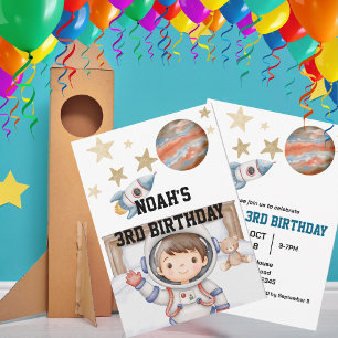 Boys Cute Outer Space Kids Birthday Watercolor Invitation