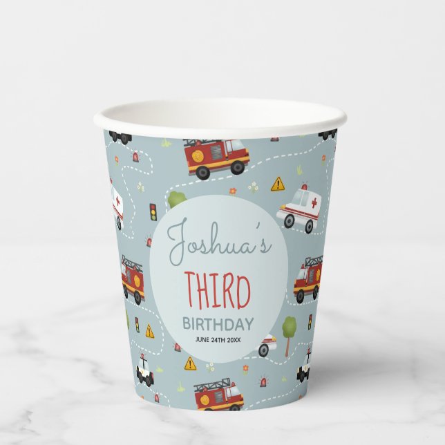 Boys Cute Police Car Fire Engine Birthday Kids Paper Cups (Front)