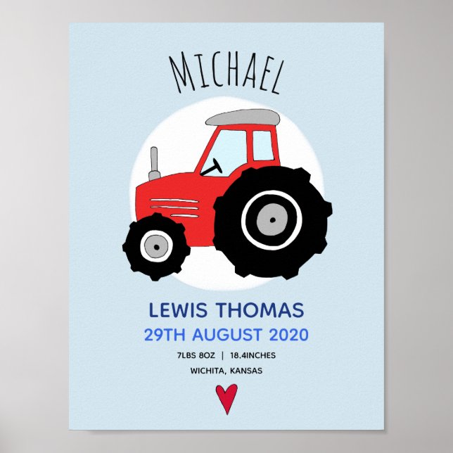 Boys Cute Red Farm Tractor Baby Nursery Poster (Front)
