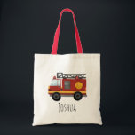 Boys Cute Red Fireman Fire Engine Kids Tote Bag<br><div class="desc">This cute custom kids tote bag design features a firefighter fire engine truck. There is also space for you to add your boys name in a beautiful font. The perfect fireman transport-themed addition to your little one's school supplies.</div>