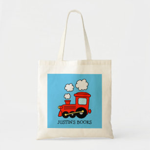 Boys cute red toy train library book tote bag