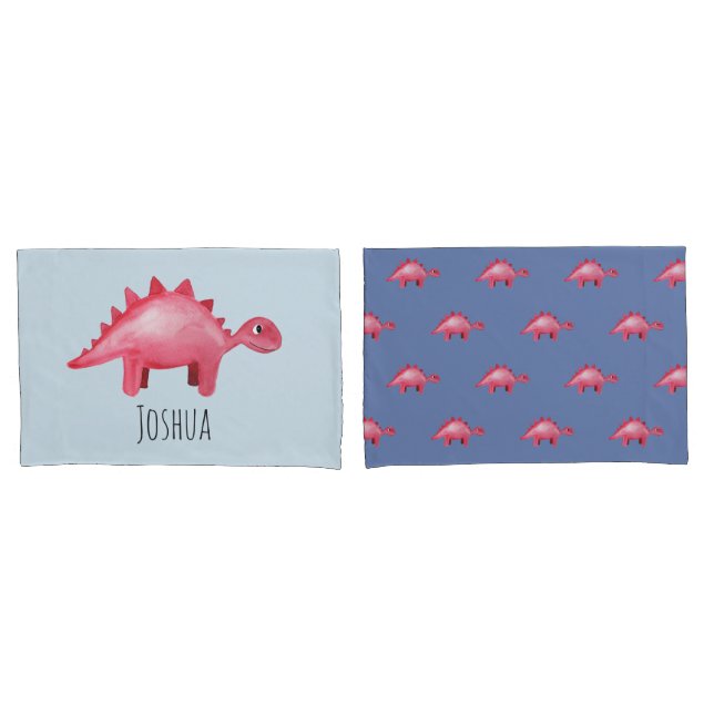 Boys Cute Red Watercolor Dinosaur and Name Kids Pillowcase (Front-Set)