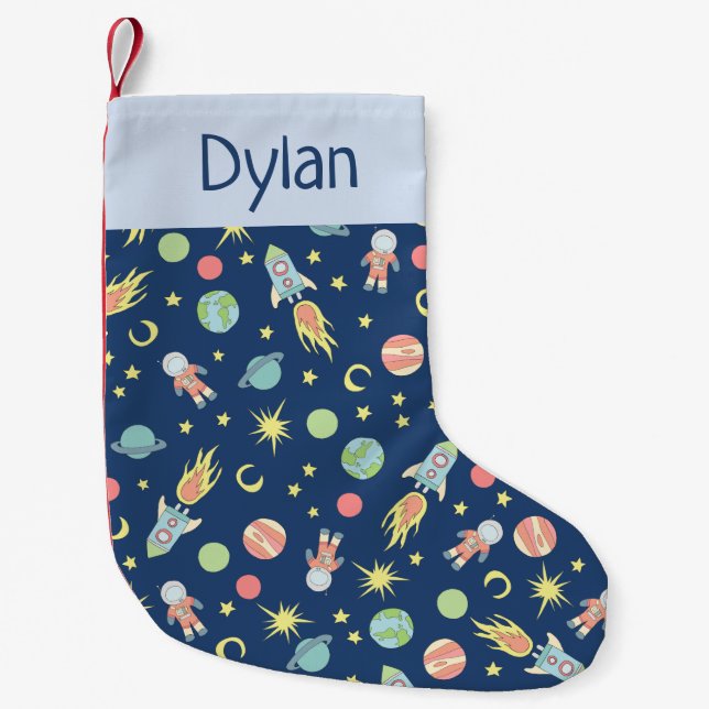 Boys Cute Rocket Ship Pattern Space and Name Small Christmas Stocking (Front)