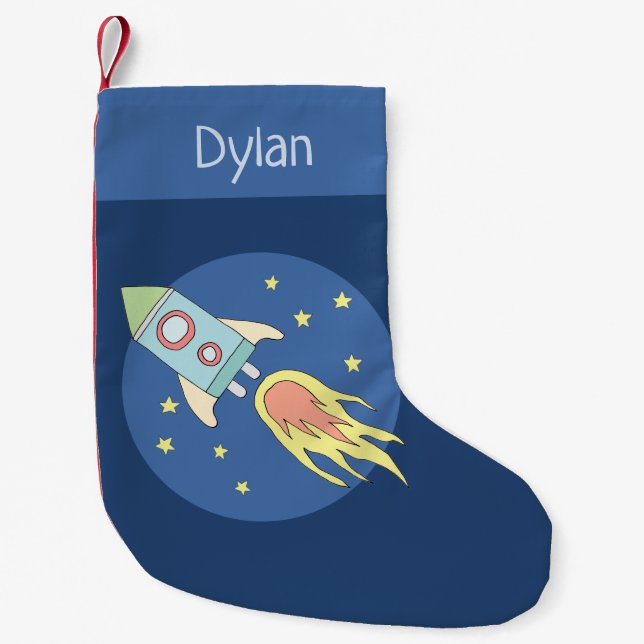 Boys Cute Rocket Ship Space and Name Small Christmas Stocking (Front)