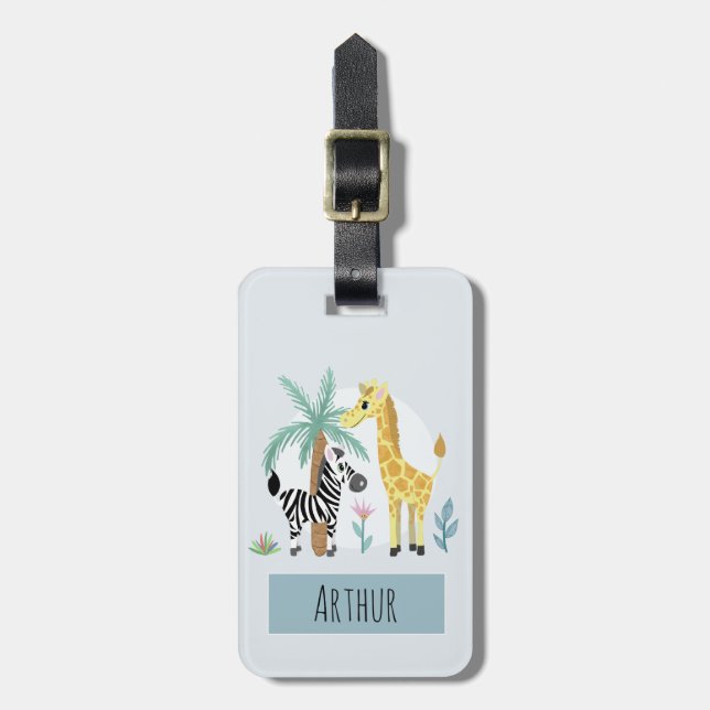 Boys Cute Safari Animals Giraffe Name Kids Luggage Tag (Front Vertical)