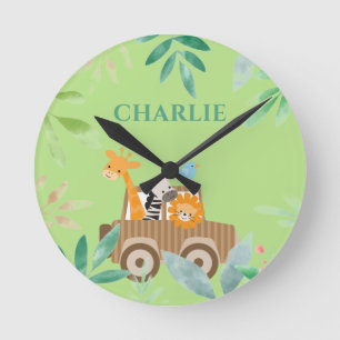 Boys Cute Safari Wild Animals Nursery Kids Round Clock