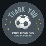 Boys Cute Soccer Sports Thank You Kids Birthday Classic Round Sticker<br><div class="desc">This cute and modern sports-themed kids birthday thank you sticker design features a blue soccer ball cartoon design. The sticker can be personalised with your boy's name and the date of your party. The perfect sports-themed addition to your child's birthday party,  great for party favours!</div>