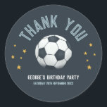 Boys Cute Soccer Sports Thank You Kids Birthday Classic Round Sticker<br><div class="desc">This cute and modern sports-themed kids birthday thank you sticker design features a blue soccer ball cartoon design. The sticker can be personalised with your boy's name and the date of your party. The perfect sports-themed addition to your child's birthday party,  great for party favours!</div>