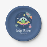 Boys Cute Space Alien Baby Shower Paper Plate
