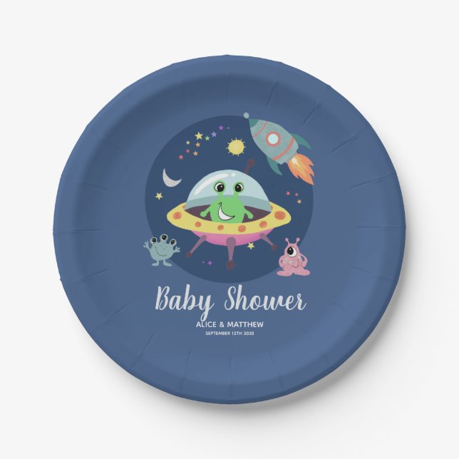 Boys Cute Space Alien Baby Shower Paper Plate (Front)