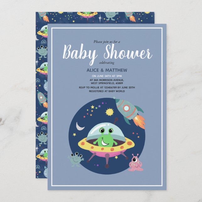 Boys Cute Space Alien Rocket Ship Baby Shower Invitation (Front/Back)