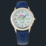 Boys Cute Stegosaurus Dinosaur & Name Kids Watch<br><div class="desc">This cute and modern blue kids watch features a stegosaurus dinosaur cartoon,  and can be personalised with your boys name. With clear,  easily readable numbers,  this 'first' watch is great for kids or toddlers just starting out on learning the time. The perfect dinosaur themed design for your little one!</div>