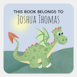 Boys Cute 'This Book Belongs' Dragon & Name Kids Square Sticker