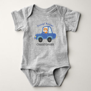 Boys Cute Tiger Driving Blue Car Personalised Name Baby Bodysuit