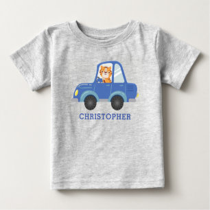 Boys Cute Tiger Driving Blue Car Personalised Name Baby T-Shirt
