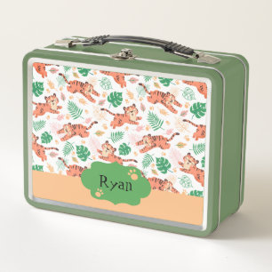 Boys Cute Tiger Wild Jungle Safari with Name Kids Metal Lunch Box