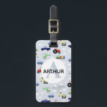 Boys Cute Transport Aeroplane Car Tractor Name Kid Luggage Tag<br><div class="desc">This cute blue custom kids luggage tag design features a blue cartoon transport pattern,  with cars,  pickup trucks,  trains,  aeroplanes,  diggers,  tractors and helicopters. There is also space for you to add your boys name and monogram in a beautiful font. The perfect transport themed gift for any car/tractor/aeroplane lover.</div>
