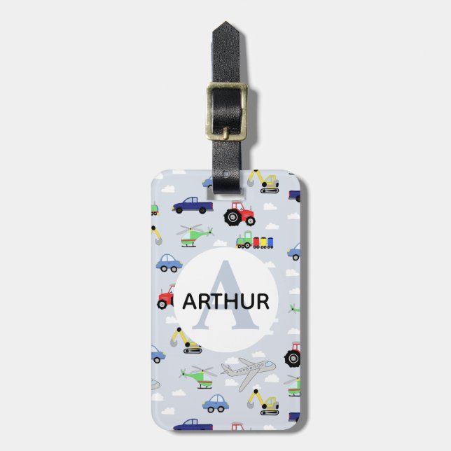 Boys Cute Transport Aeroplane Car Tractor Name Kid Luggage Tag (Front Vertical)