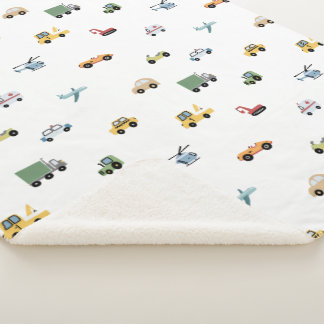 Boys Cute Transport Car Pattern Monogram Name Kids Sherpa Blanket