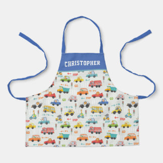 Boys Cute Transport Car Pattern Personalised Name Apron