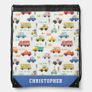 Boys Cute Transport Car Pattern Personalised Name Drawstring Bag