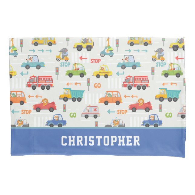 Boys Cute Transport Car Pattern Personalised Name Pillowcase (Front)