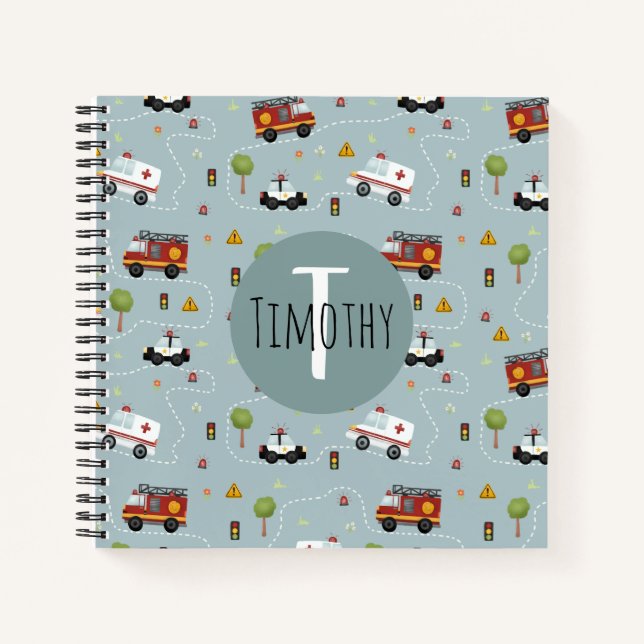 Boys Cute Transport Pattern and Name Kids Monogram Notebook (Front)