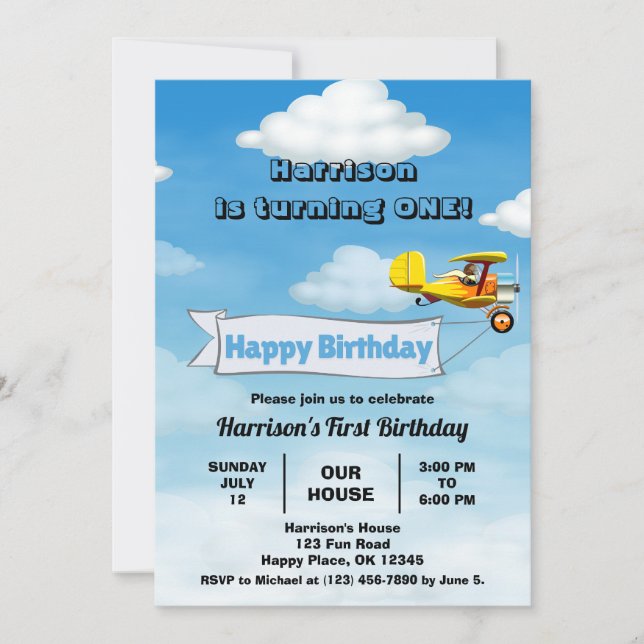 Boys Cute Travel Aeroplane Kids Birthday Custom Invitation (Front)