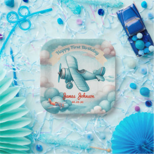 Boys Cute Travel Aeroplane Kids Birthday Custom Paper Plate