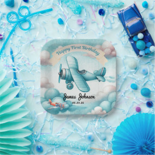 Boys Cute Travel Aeroplane Kids Birthday Custom Paper Plate
