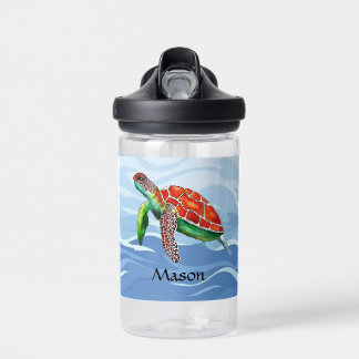 Boys Cute Turtle Personalised Blue Ocean Kids Water Bottle
