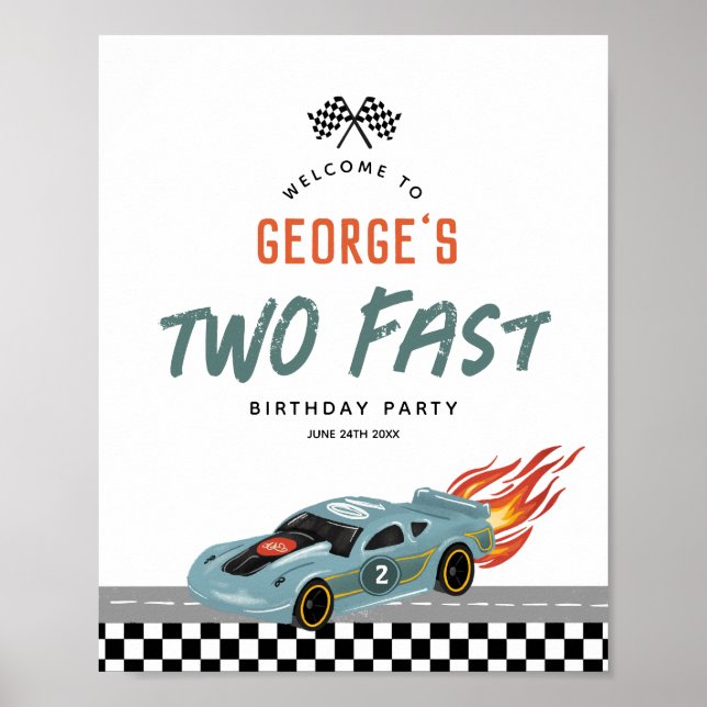 Boys Cute Two Fast 2nd Birthday Hot Cars Welcome Poster (Front)