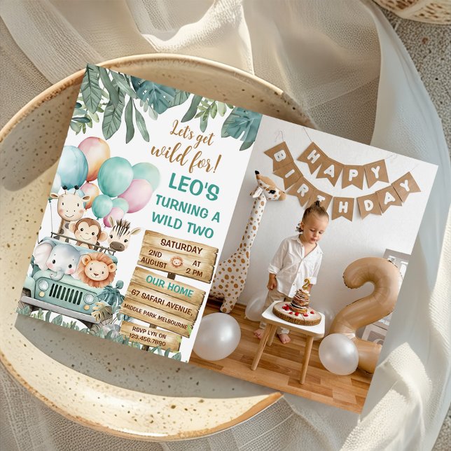 Boys Cute Wild Two Safari 2nd Birthday Photo Invitation (Creator Uploaded)