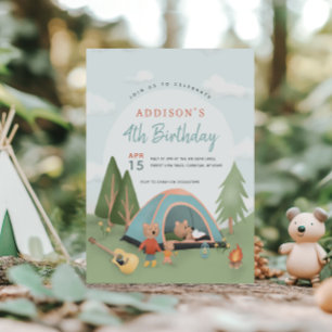 Boys Cute Woodland Happy Camper Bear Birthday Invitation