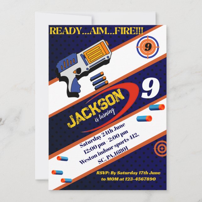 Boys Dart Gun Birthday Party Invitation  (Front)