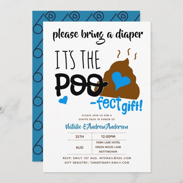 Boys DIAPER Party Blue POOP Emoji Poofect Invitation (Front/Back)