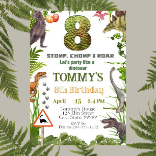 Boys Dinosaur 8th Birthday Party Invitation