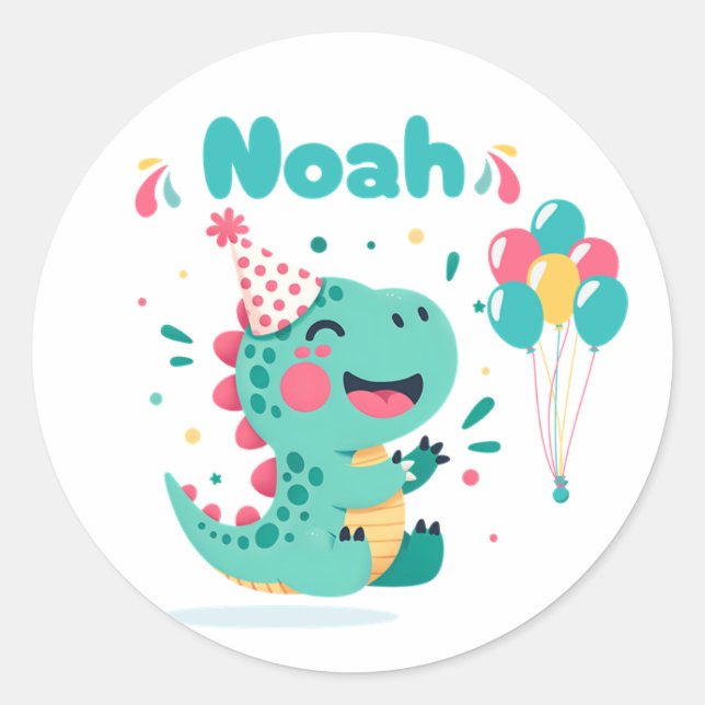 Boys Dinosaur Birthday Party Sticker Editable (Front)