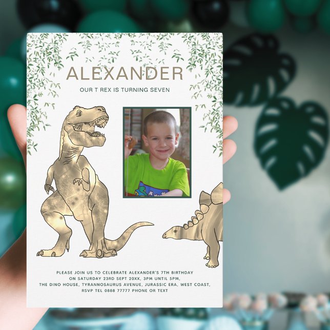 Boys Dinosaur Birthday Party with Photo Invitation (Boy 7th dinosaur birthday party invitation with photo template )