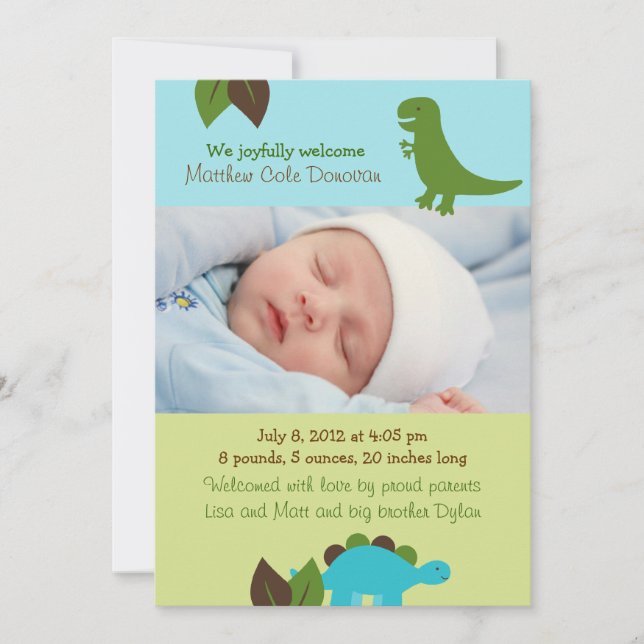 Boys Dinosaur Custom Photo Birth Announcement (Front)