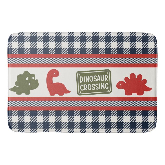 Boys Dinosaur & Gingham - Red Army Green & Navy Bath Mat (Front)