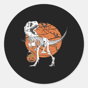 Boys Dinosaur Skeleton T Rex Scary Pumpkin Moon Classic Round Sticker