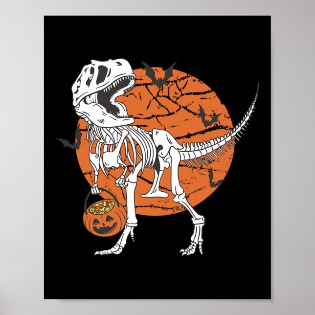 Boys Dinosaur Skeleton T Rex Scary Pumpkin Moon  Poster (Front)