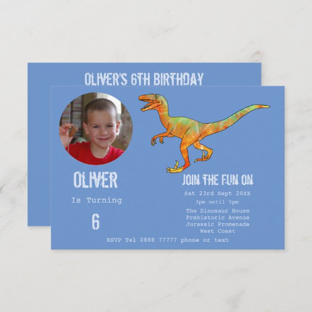 Boys Dinosaur Velociraptor 6th Birthday Party Blue Invitation (Front/Back)