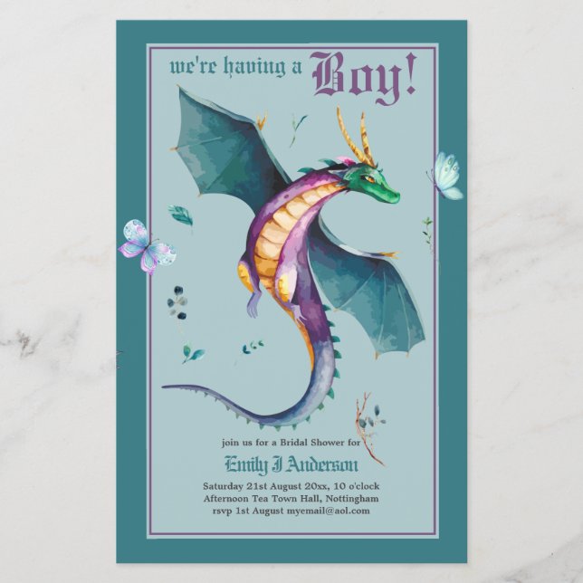 BOYS DRAGON Baby Shower Gender Reveal Invtiation Flyer (Front)