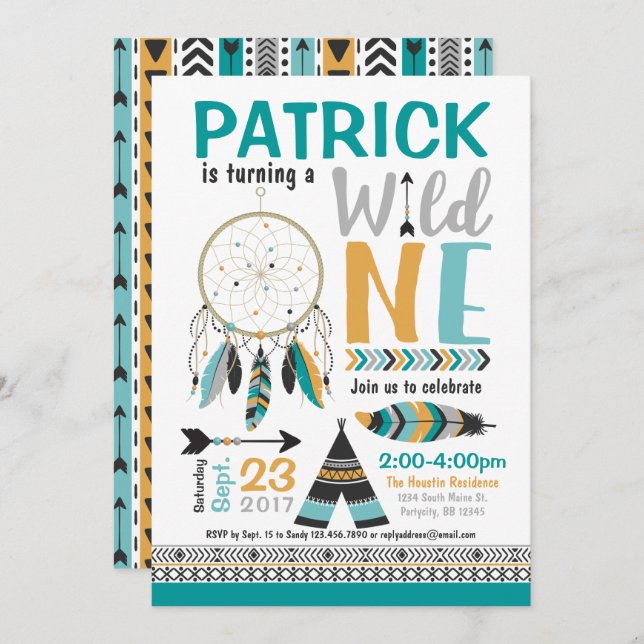 Boys Dreamcatcher Wild ONE 1st Birthday Invitation (Front/Back)