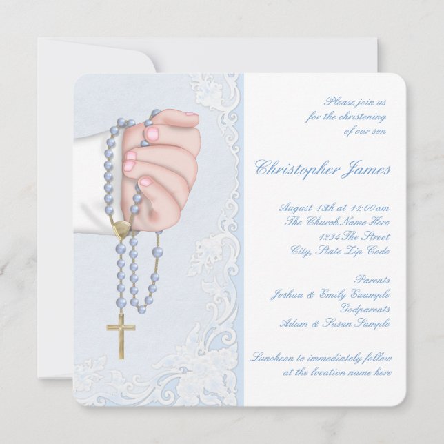 Boys Elegant Baby Blue Rosary Christening Invitation (Front)