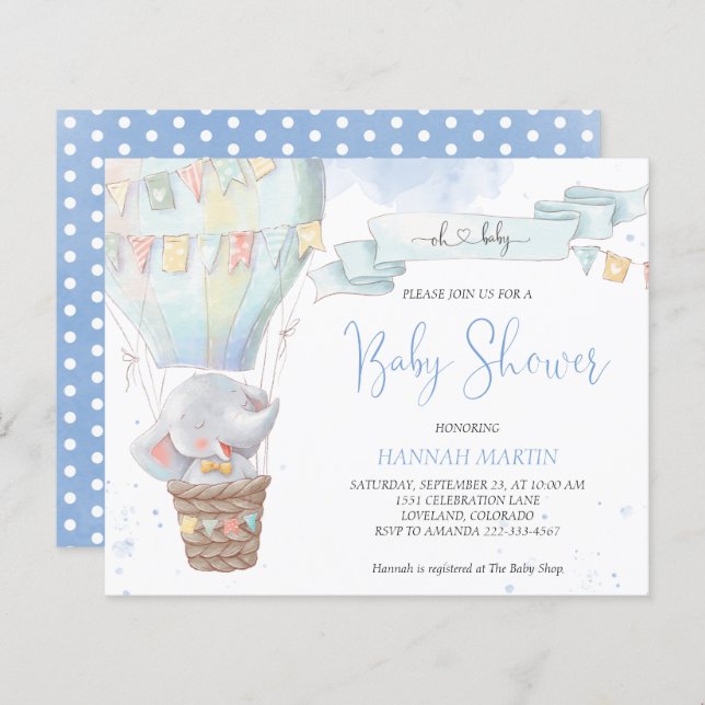 Boy's Elephant Budget Baby Shower Invitation (Front/Back)